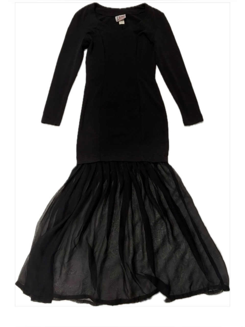 Vintage Black Long-Sleeve Maxi Dress with Sheer Mermaid Skirt SZ M